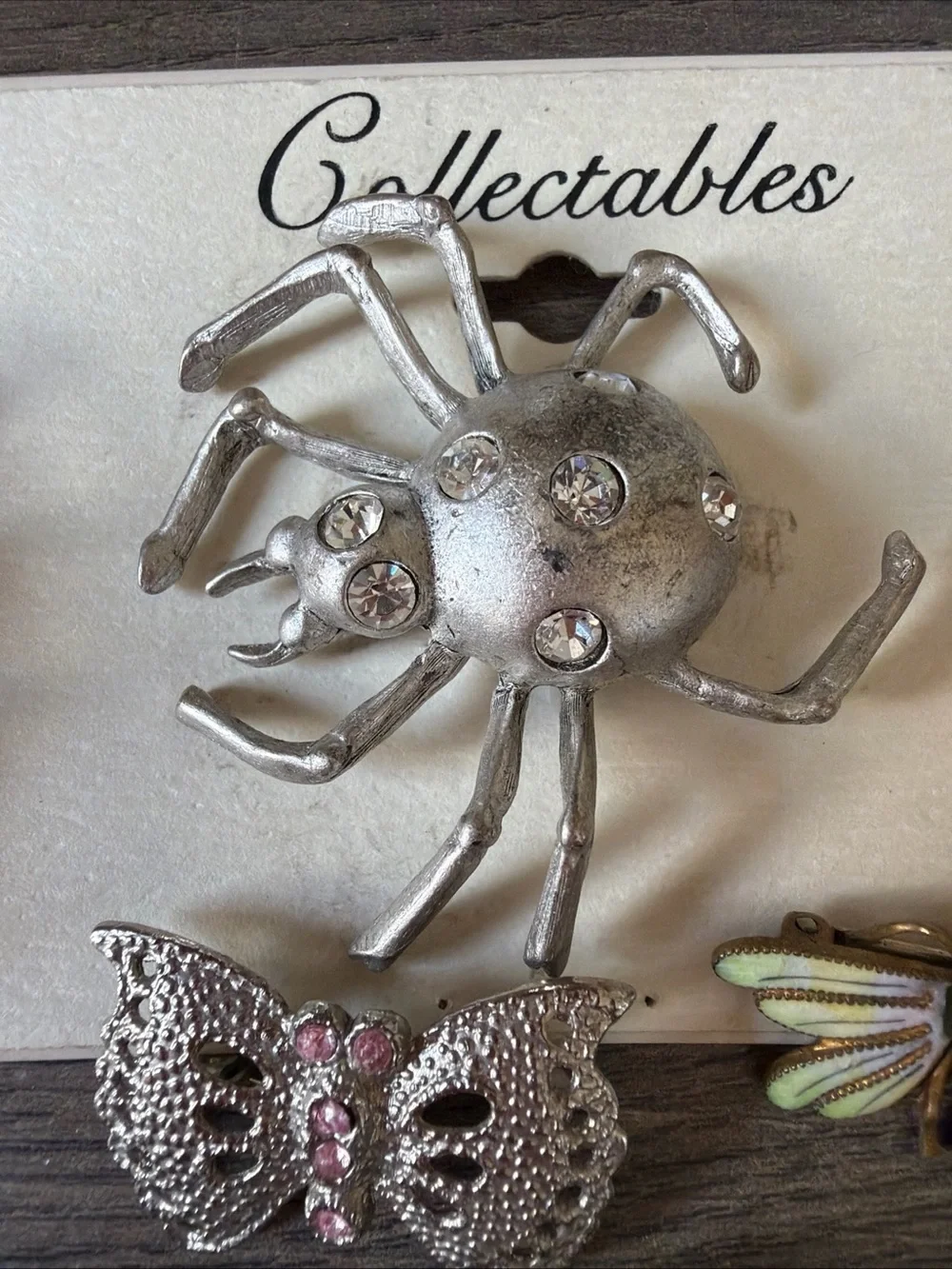 6 vintage Bugs,Butterflies & Spider Pins Brooches Enamel , Pink Rhinestones….